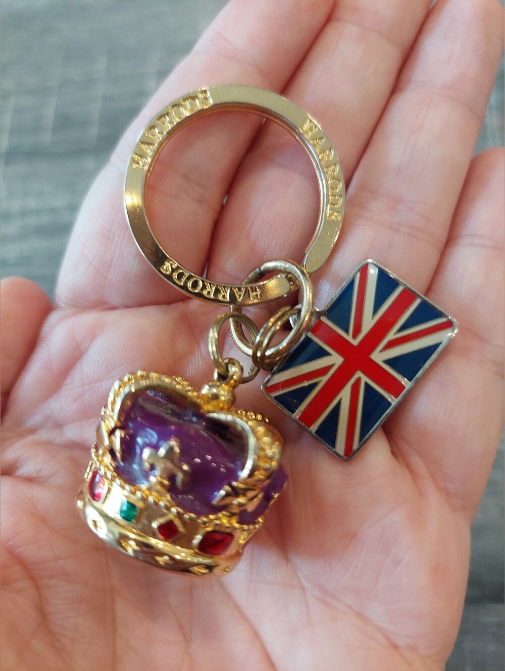 Vintage Harrods Crown & Union Jack Keyring with Purple Enamel Crown